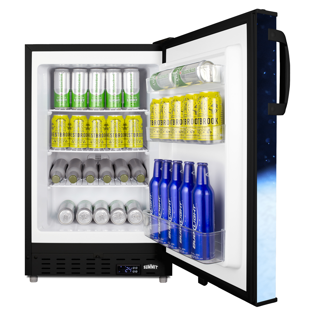 COLD CAVERN beer froster, Summit's built-in undercounter ADA compliant freezer that stores aluminum bottled beer at 24 F; manual defrost operation with door decal and black cabinet finish